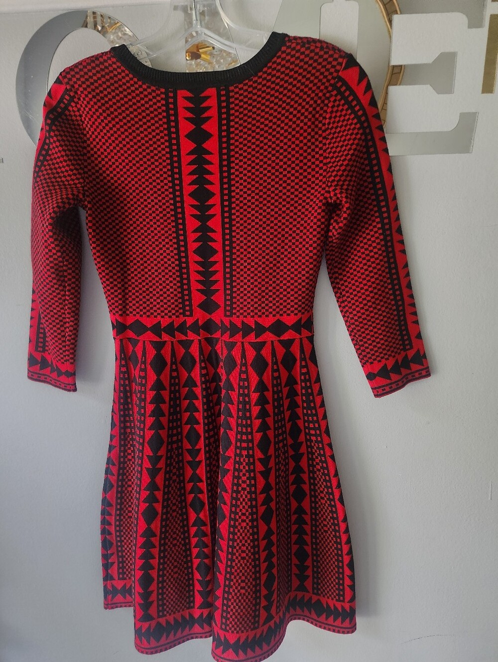 Nina Leonard Red and Black Geometric Mini Dress